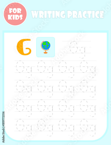 Letter G tracing. Worksheet for children, writing practice page. English alphabet handwriting study.