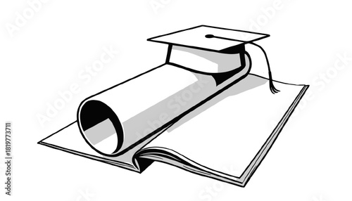 Academic cap on a diploma over an open book on a transparent background