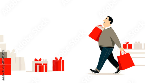 A well-fed man carrying bags full of Black Friday purchases while walking past gift boxes
