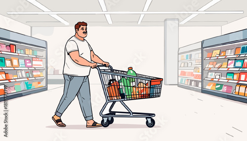 A plump man pushing a grocery cart filled with items in a supermarket aisle