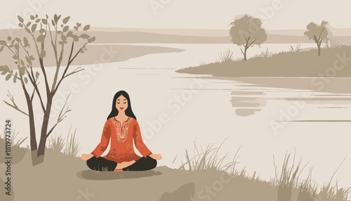 A Punjabi woman meditating in the lotus position on the riverbank surrounded by nature