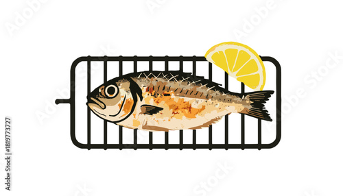 Grilled fish garnished with a slice of lemon on a grill