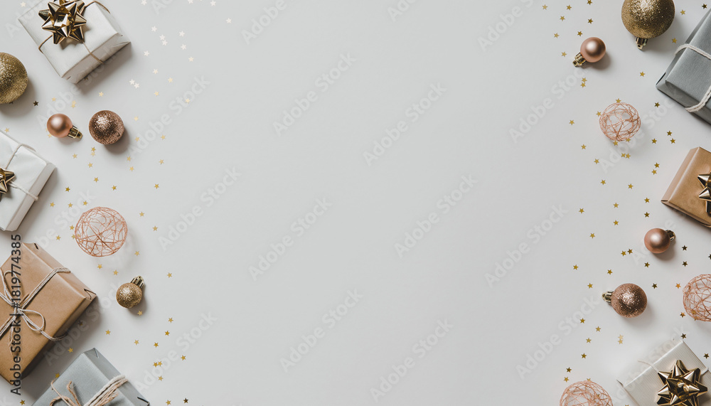 Fototapeta premium Minimalist Christmas Flat Lay Border of Neutral-Toned Gift Boxes and Rose Gold Decorations on Bright White Background