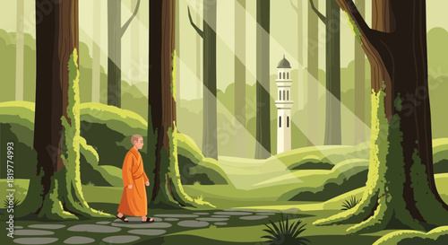 Buddhist monk's serene walk through sunlit forest towards distant tower