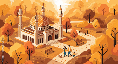 A serene autumn day at the mosque, featuring a family enjoying nature's beauty