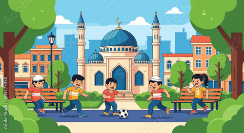 Cartoon illustration of children playing soccer near a mosque in a vibrant city