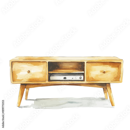 a_wooden_TV_stand_Hand-painted watercolor style, vectorized, vector set available in EPS