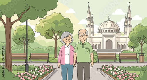 Elderly couple enjoy a leisurely walk in a serene park with a mosque backdrop