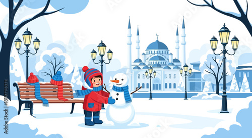 A charming winter scene of a child building a snowman in front of a mosque