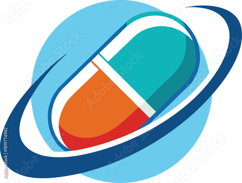 Abstract pharmaceutical pill icon with orbiting ring on white background