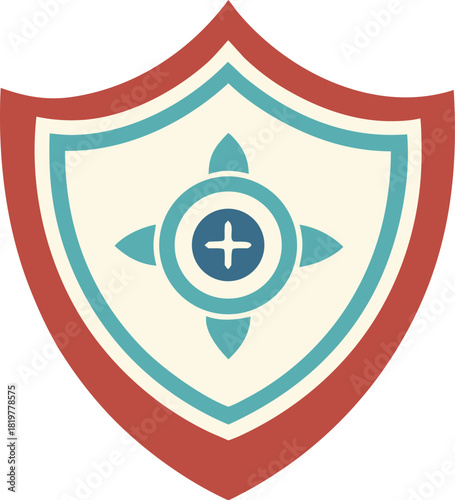 Red and blue shield emblem with plus sign in center 60