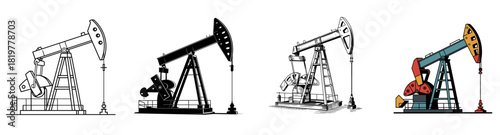 oil pump jack set with silhouette, outline, color and engraved vintage, vector illustration for fossil fuel extraction and the energy industry
