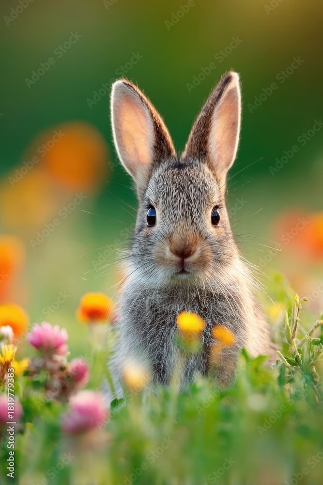 Fototapeta premium Cute rabbit among colorful wildflowers
