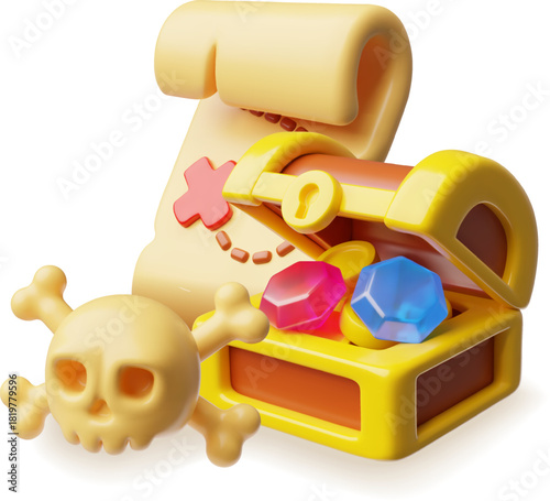 Treasure chest, map scroll and skull with bones 3D plastic style illustration, cartoon medieval pirate treasures
