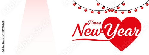 A cheerful 'Happy New Year' greeting on a red heart shape, accented by red string lights. Plenty of copy space for custom text or commercial offers.