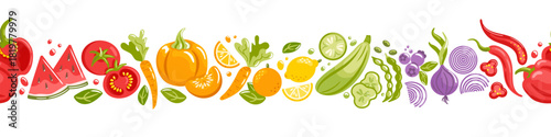 A seamless horizontal border of vibrant fruits and vegetables forming a rainbow arc, crisp geometric shapes, bright gradients, modern vector style.