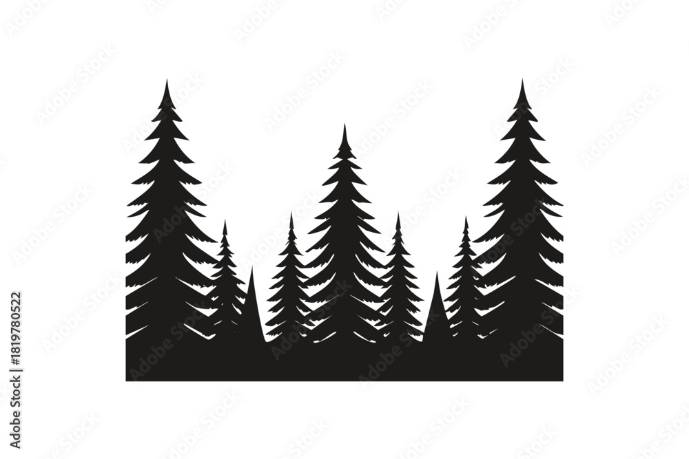 Obraz premium Dramatic Black Forest Pine Trees Silhouette Vector Illustration on White Background