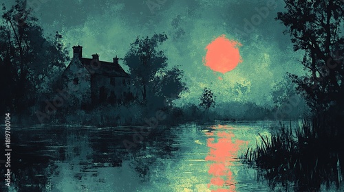 Eerie Swamp House Under a Moon with Red Reflections on the Water