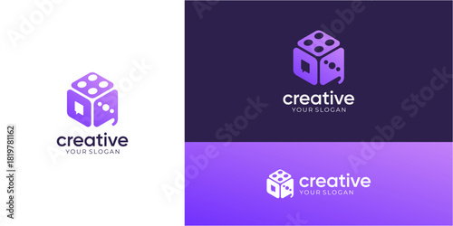 Hobbies and Talk logo design ideas. Vector of bubble speech with cube dice icons symbol. Media tech for talk, chat, and consult forum communications. 