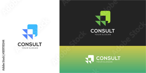 Financial consult logo design ideas. Vector of growth triangular with bubble speech icons symbols. Media tech for talk, chat, and consult forum communications.