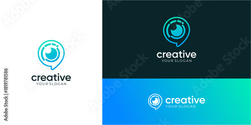 Talk vision digital technology logo design ideas. Vector of Eye lens with bubble speech icons symbols.