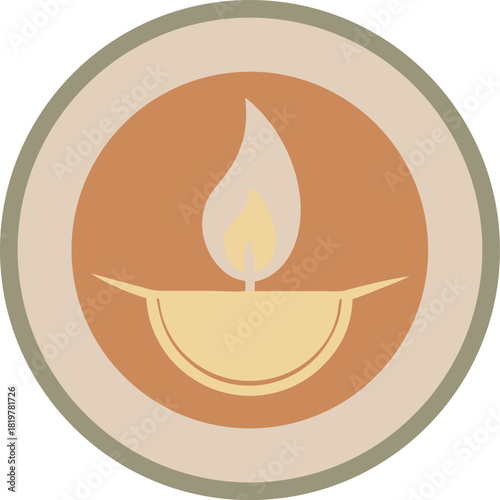 Diya oil lamp lit flame symbol within a circle, festive warm light