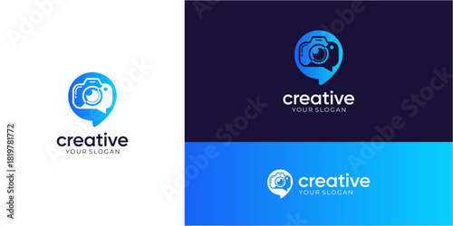 Hobbies and Talk logo design ideas. Vector of bubble speech with camera icons symbol. Media tech for talk, chat, and consult forum communications. 