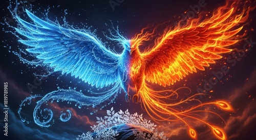 Digital artwork of fire and water bird phoenix with vibrant colors and detailed textures