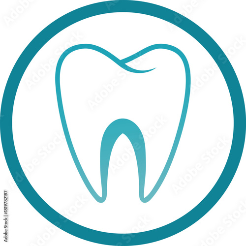 Stylized tooth icon within a teal circle on a white background