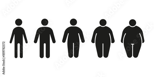 Type body of people thin, normal and obese fat black icon set. Figure and size person, body index mass. Vector illustration