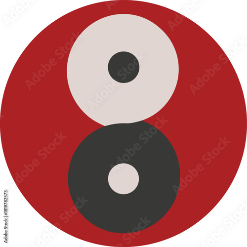 Yin yang symbol graphic with red border and circles on light background