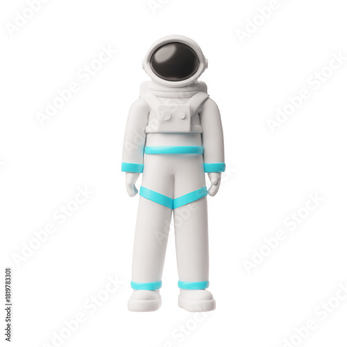 3D astronaut in a spacesuit, wearing a white and blue suit, full-length.