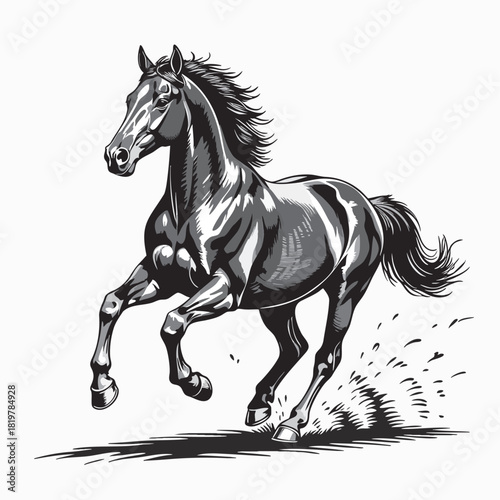 Running Horse in Black and White Ink Style