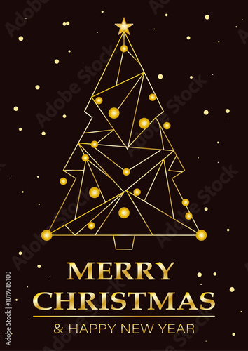 Tarjeta de felicitación navideña con árbol de navidad poligonal dorado y fondo oscuro