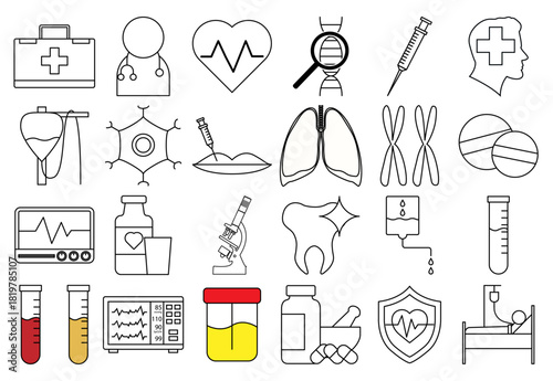Hoja de iconos de medicina, diagnóstico y cuidado de la salud