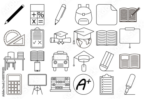 Hoja de iconos útiles escolares, aprendizaje y educación