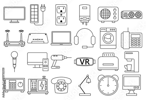 Hoja de iconos de aparatos electrónicos y herramientas con diseño minimalista