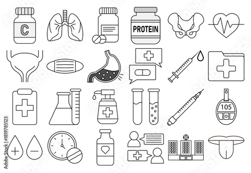 Hoja de iconos médicos y de nutrición, órganos humanos y suministros de salud