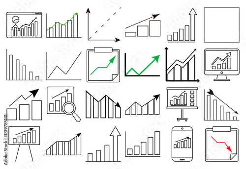 Hoja de iconos de gráficos, análisis financiero y crecimiento empresarial