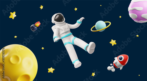 3D wallpaper with an astronaut floating in outer space, among planets, stars, and a rocket.