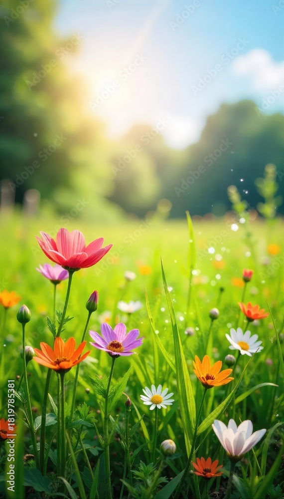 Fototapeta premium Sun-drenched meadow, vibrant wildflowers in full bloom, gently swaying in a summer breeze Lush green grass stretches to the horizon, creating a tranquil and idyllic landscape , meadow, nature