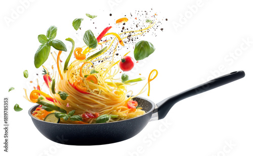 Italian spaghetti and colorful vegetables in mid-air above hot skillet, isolated on transparent background, culinary art concept, dynamic lighting