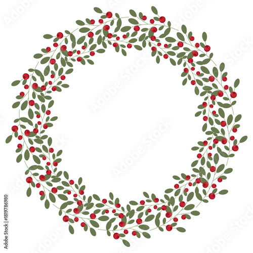 Festive Christmas or winter wreath with red berries and green leaves on a white isolated background. Simple border for greeting cards
