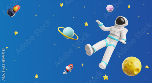 Astronaut soaring in space 3D vector cartoon plastic style, flying cosmonaut trip with stars, planets, rocket in galaxy