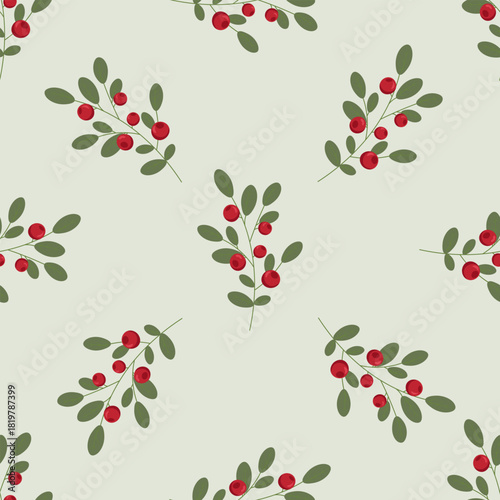 Seamless pattern with sprigs of red berries and green leaves on a light background. Perfect for festive, winter and Christmas gift paper, textile