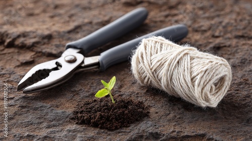 Small green seedling sprouting from soil beside metal pruners and roll of gardening twine. Close-up composition highlighting gardening tools and early plant growth