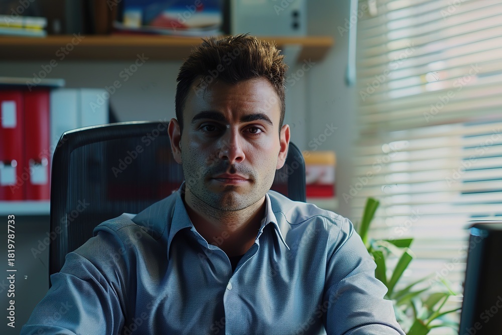 Obraz premium Serious Man in Office Looking at Camera, Ai Generated