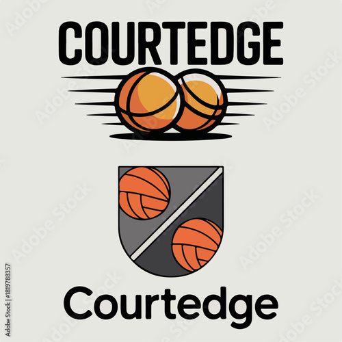 Courtedge basketball logo with twin balls and shield, clean typography team emblem, modern court sport branding vector for league identity