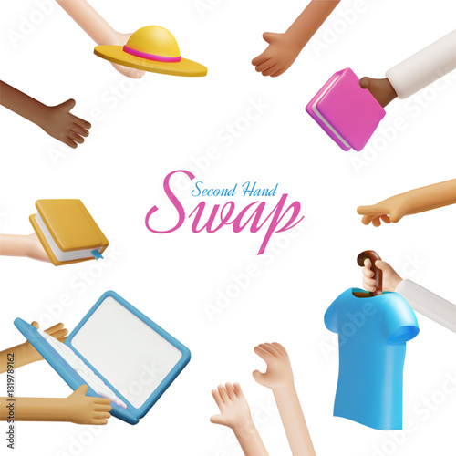 Second hand swap 3D vector design, hands are making exchange books, clothes, laptop, donation and charity, reusable