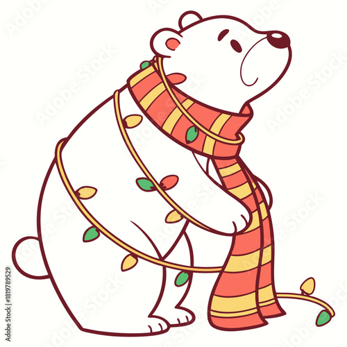 A Bashful Polar bear with wrapped in fairy lights in a Lunar New Year / Chinese New Year theme – Year of the Dragon (or relevant animal) palette SVG illustration